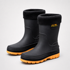 Men's fleece lined wellies in Black / Yellow, a pair on a light grey background