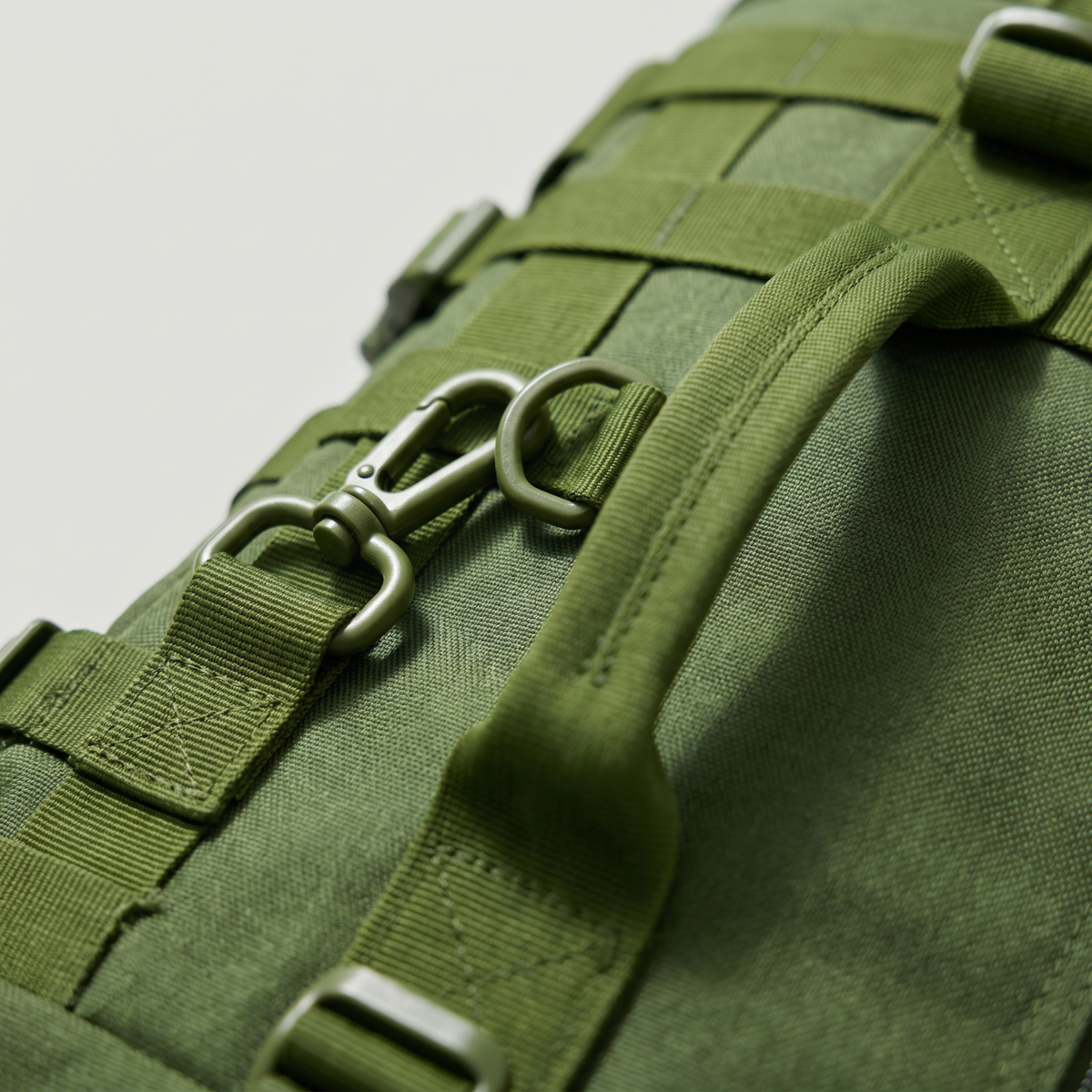 Close-up of the MOLLE webbing and clip on the fishing backpack