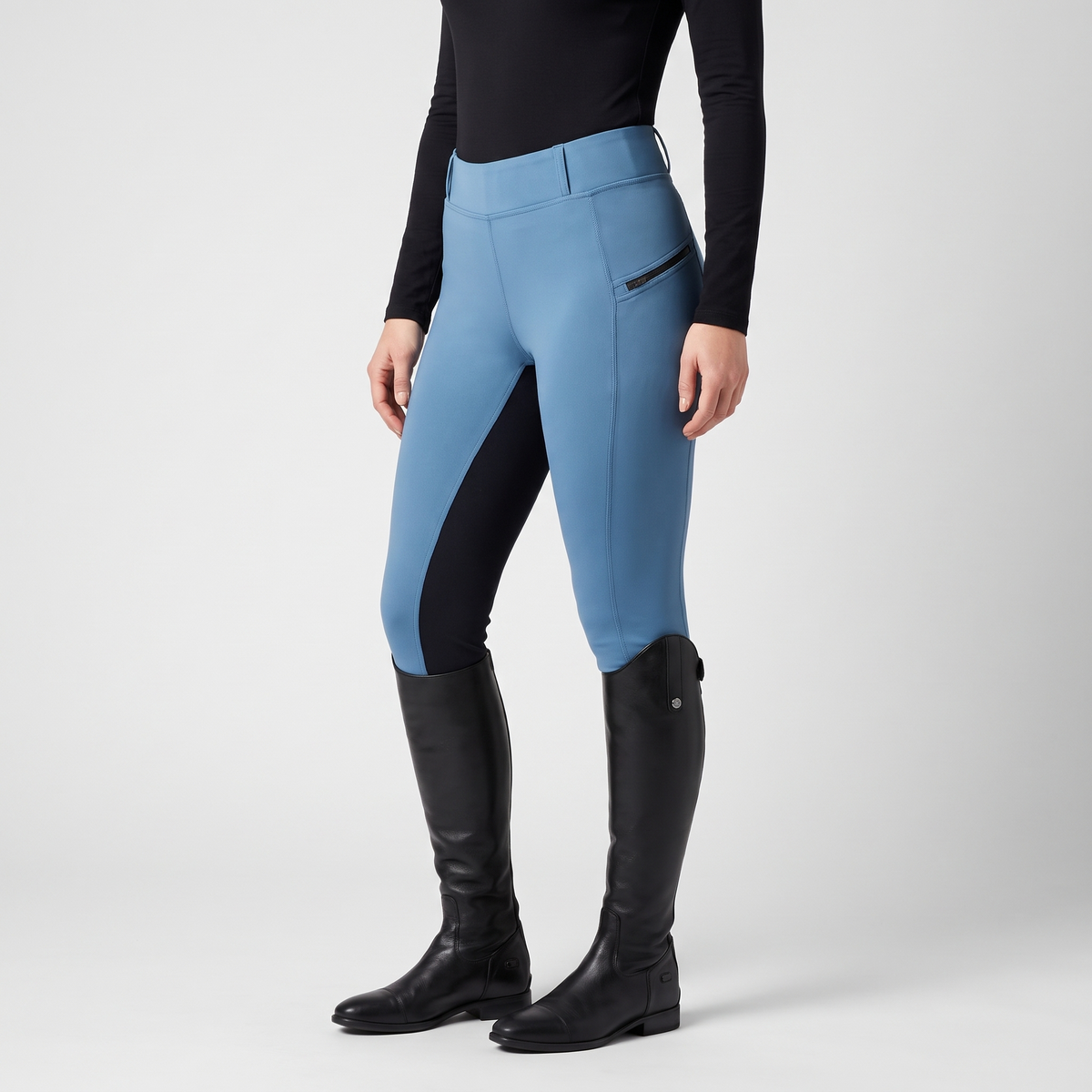 Sky blue two-tone jodhpurs from the side with the zip pocket
