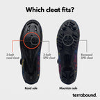 Which cleat fits: road sole takes 3-bolt and 2-bolt SPD cleats, mountain sole takes a recessed SPD cleat