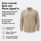 Men's fishing shirt infographic: arms covered, back cool, phone zipped in