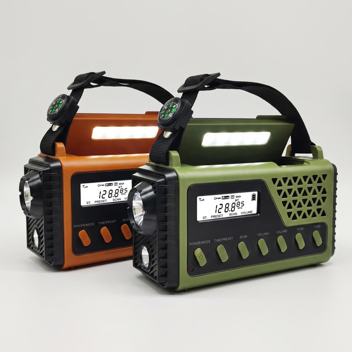 Portable radio in orange and army green side by side