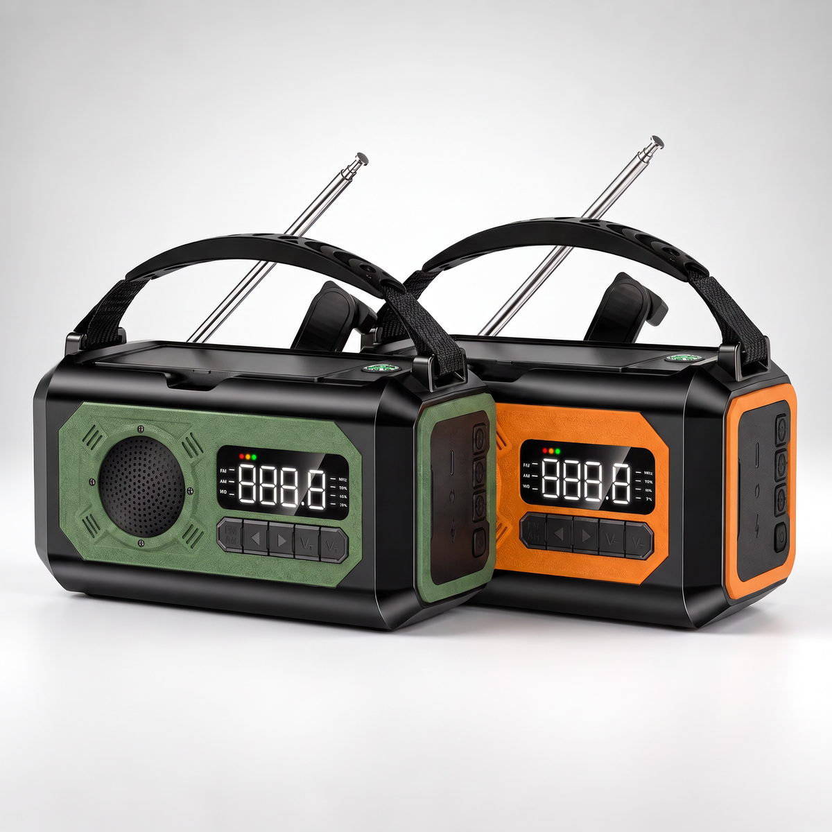 Emergency radio in green and orange side by side