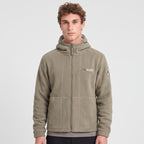 Men's khaki windproof fleece jacket worn zipped up, front view
