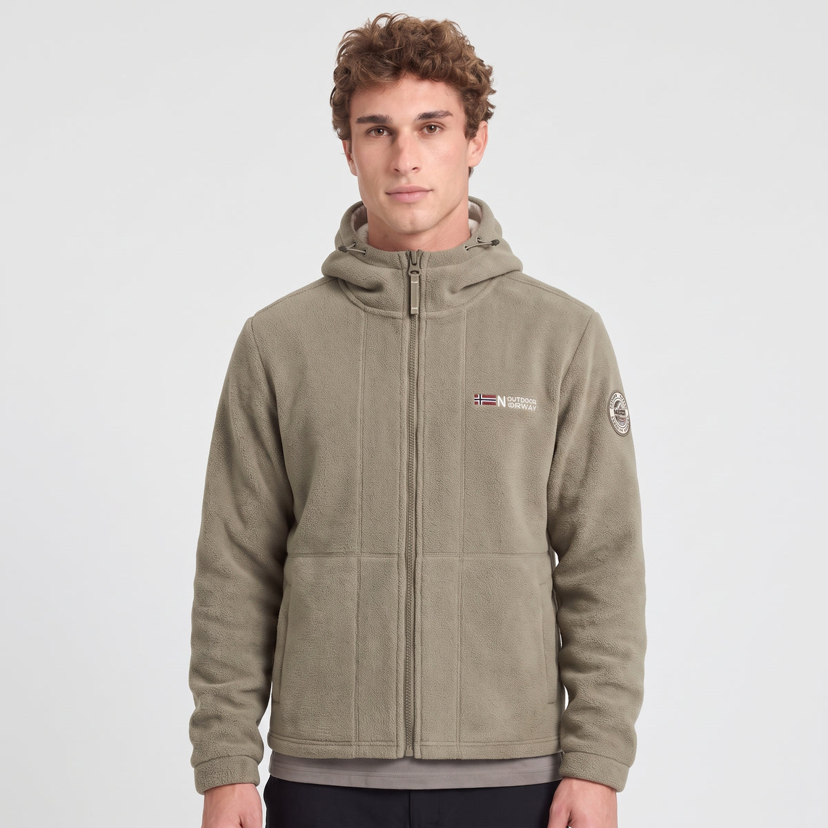 Men's khaki windproof fleece jacket worn zipped up, front view
