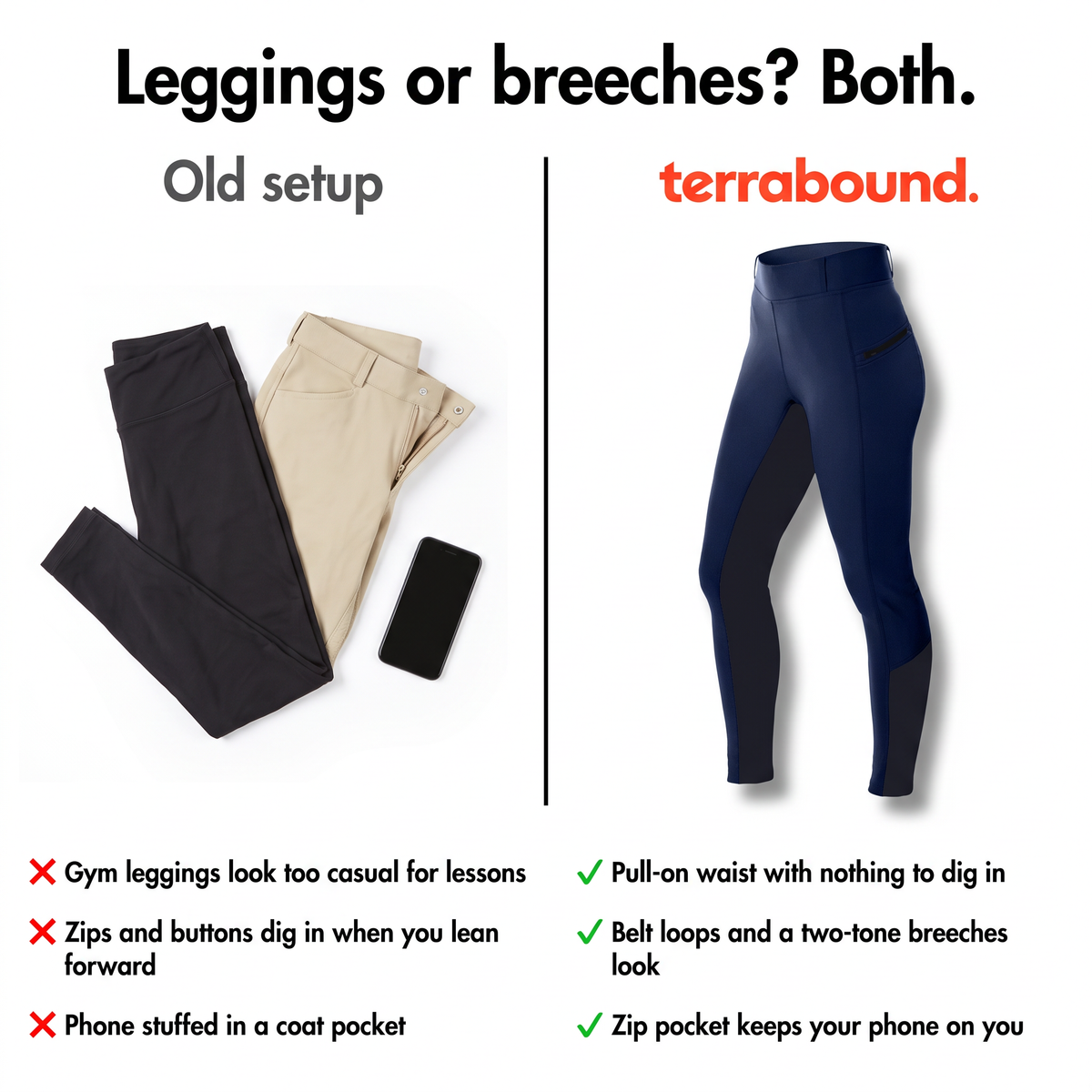 Leggings or breeches? Both: pull-on waist, belt loops and a zip phone pocket