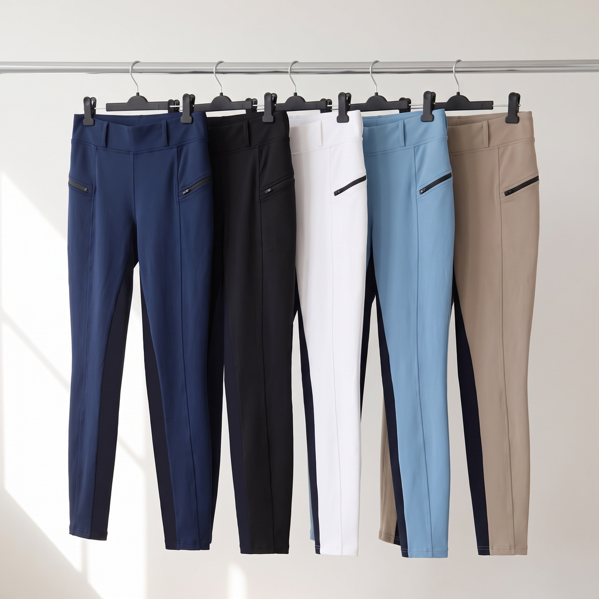 The jodhpurs in navy, black, white, sky blue and taupe on a clothes rail