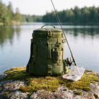 The fishing backpack on a rock beside the water with a rod and tackle box