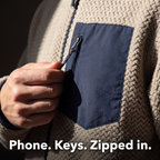 Close-up of the zipped contrast chest pocket and cord zip pull