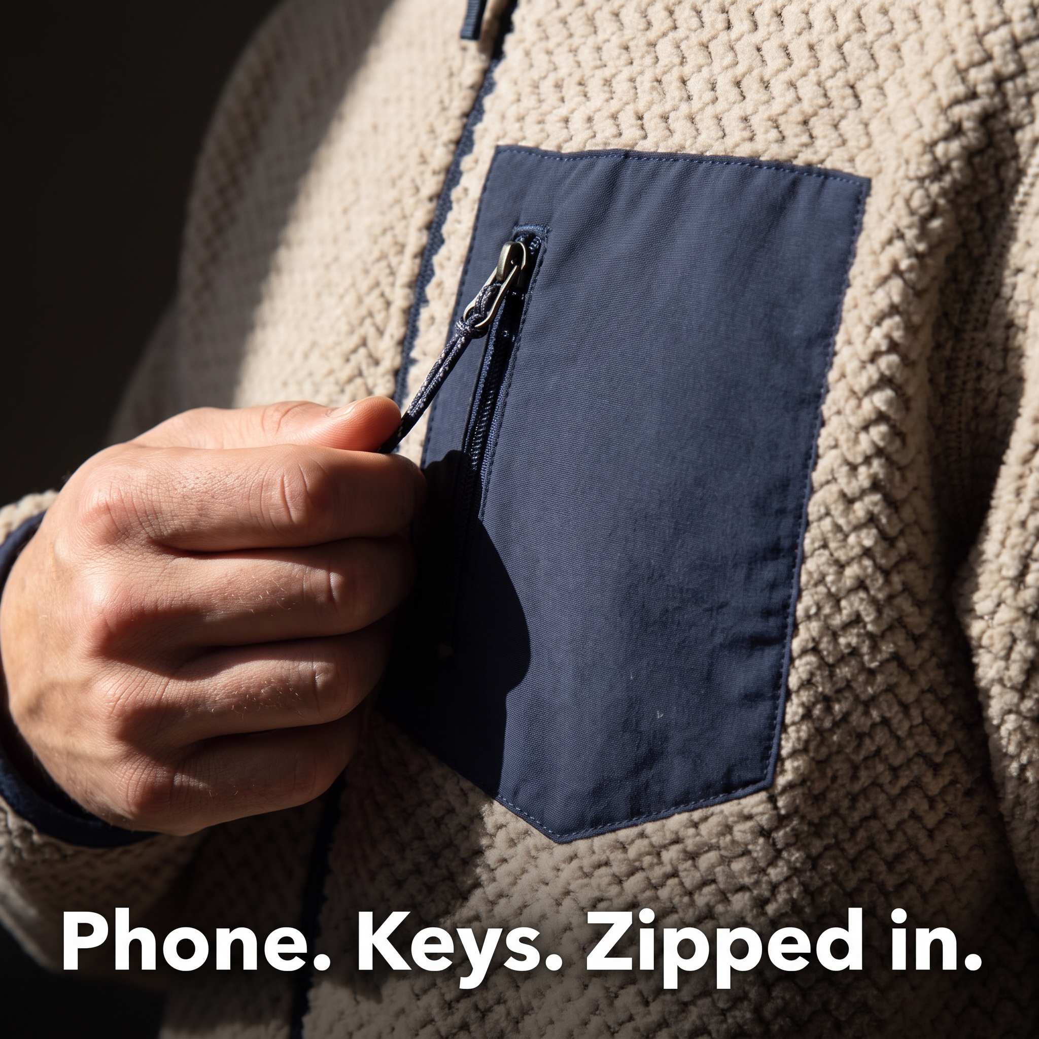 Close-up of the zipped contrast chest pocket and cord zip pull