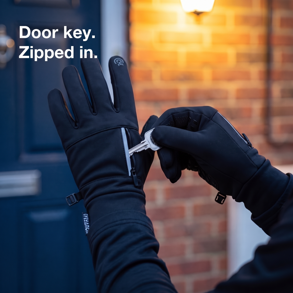 Door key going into the zip pocket on the back of a gloved hand