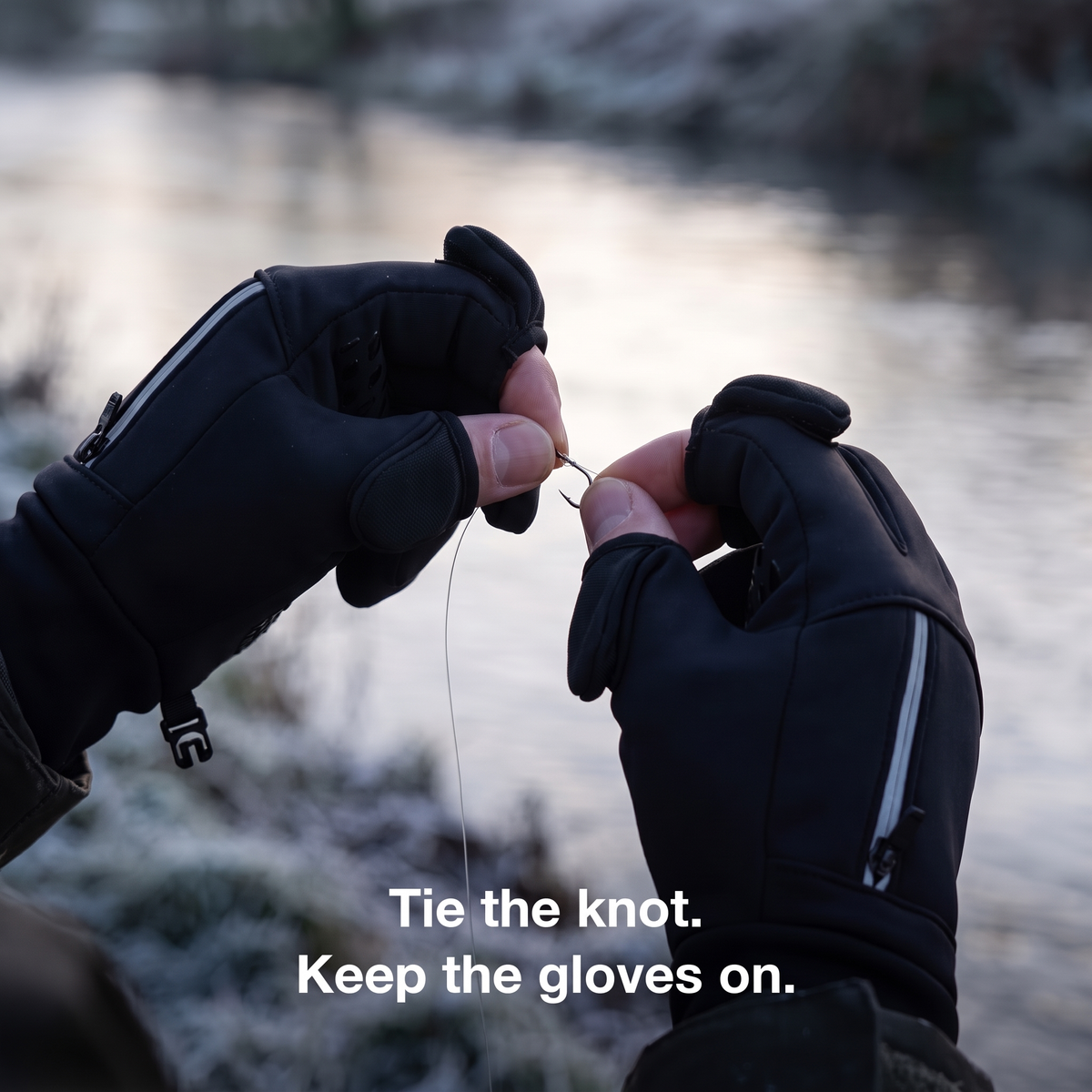 Hands tying a hook onto fishing line on a frosty riverbank with the thumb and index caps folded back
