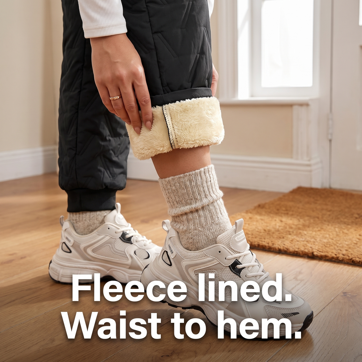 Women's fleece lined quilted trousers: hem turned back to show the fleece lining