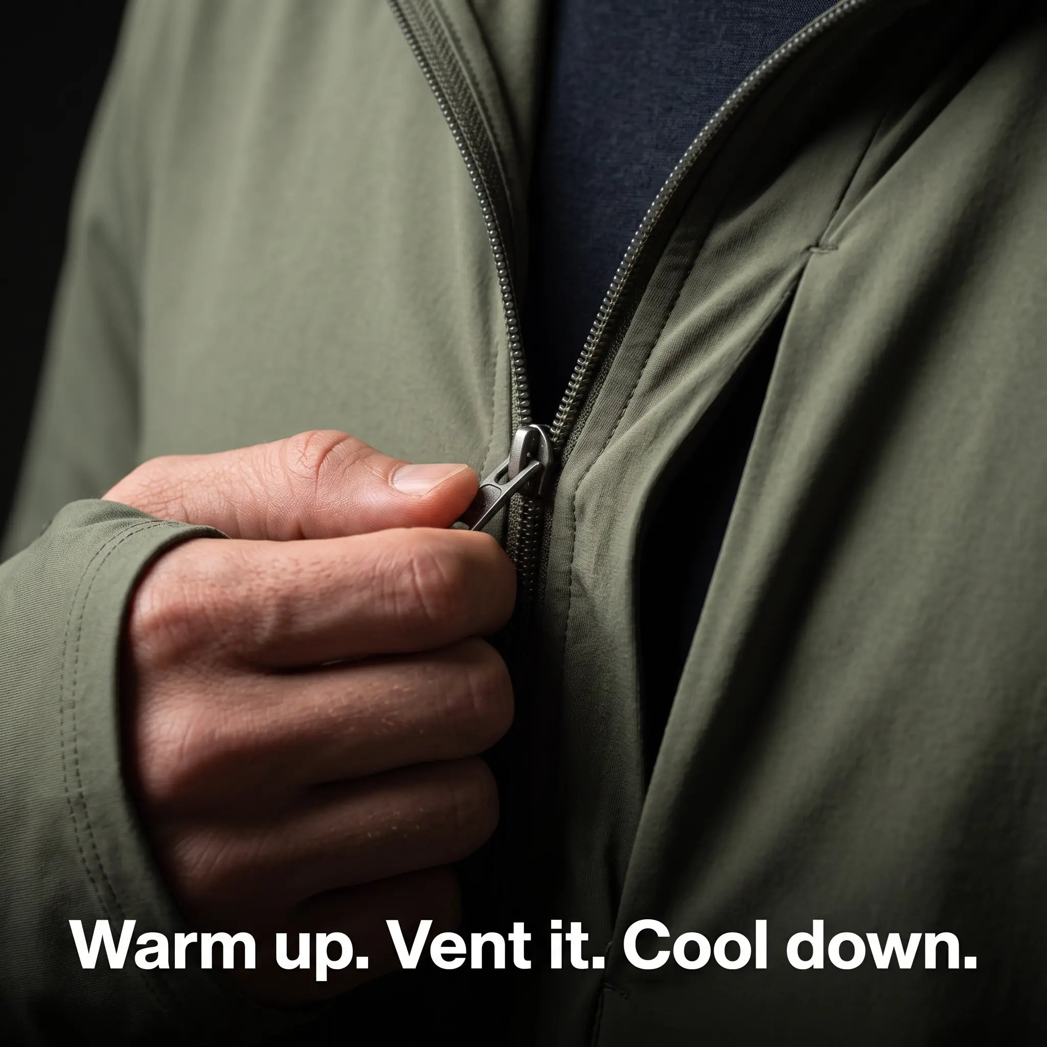 Close-up of the front zip pulled open for ventilation, hand on the zip pull