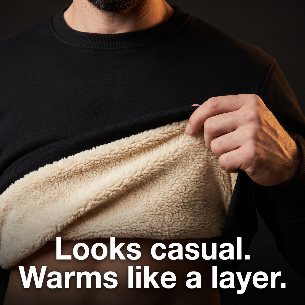 Sherpa lining revealed inside black crew neck jumper - looks casual warms like a layer