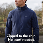 Men's Zip Up Fleece zipped to the chin, stand collar close-up