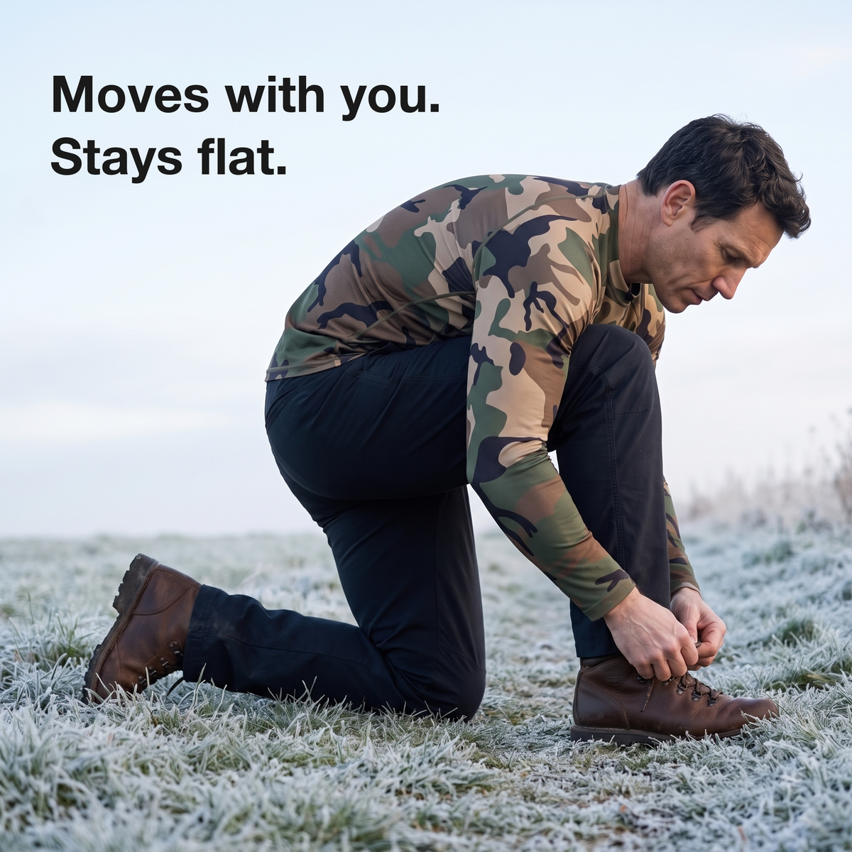Man kneeling to retie his walking boot on a frosty field path in Britain, the camo base layer top stretching with him and its hem staying down