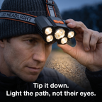 Man tipping the head torch down on its hinged bracket over a woolly hat to light the path at dusk