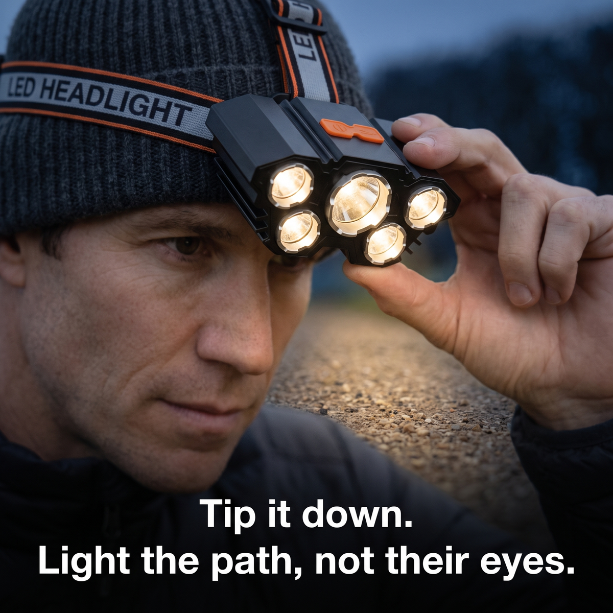 Man tipping the head torch down on its hinged bracket over a woolly hat to light the path at dusk