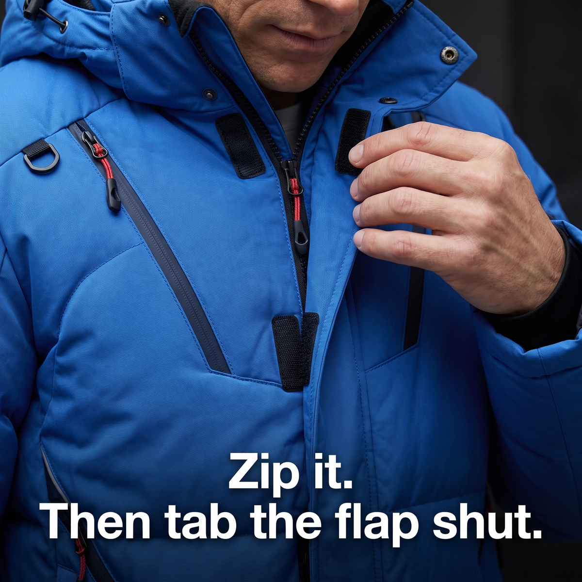 SUPERSEDED - Close-up of the ski jacket storm flap tabs being fastened over the front zip