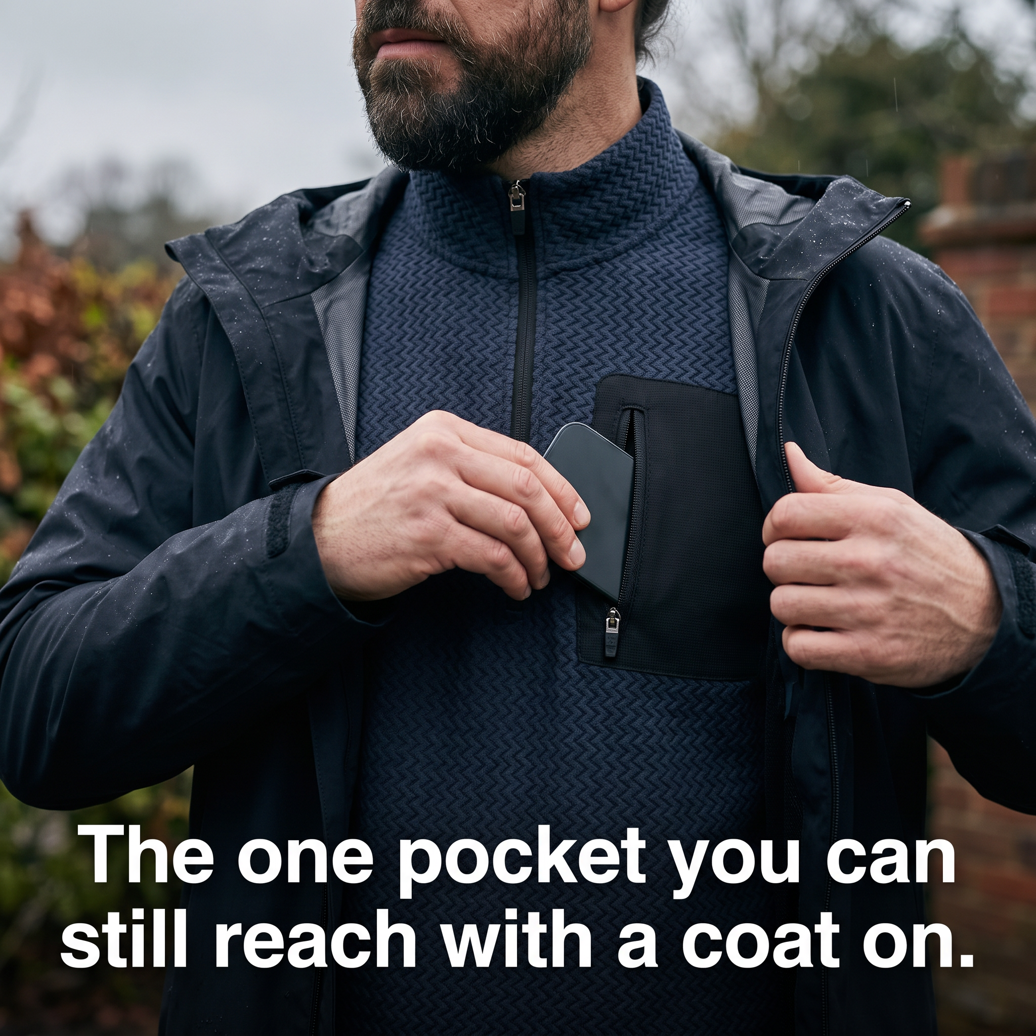 Phone going into the zipped chest pocket with a waterproof shell open over the top