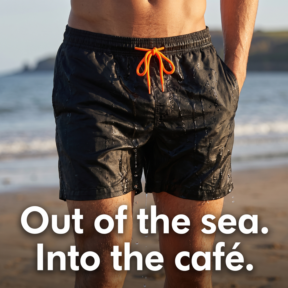 Quick dry swim shorts with sea water running off the fabric