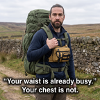 Chest bag worn with a hiking rucksack, clear of the hip belt