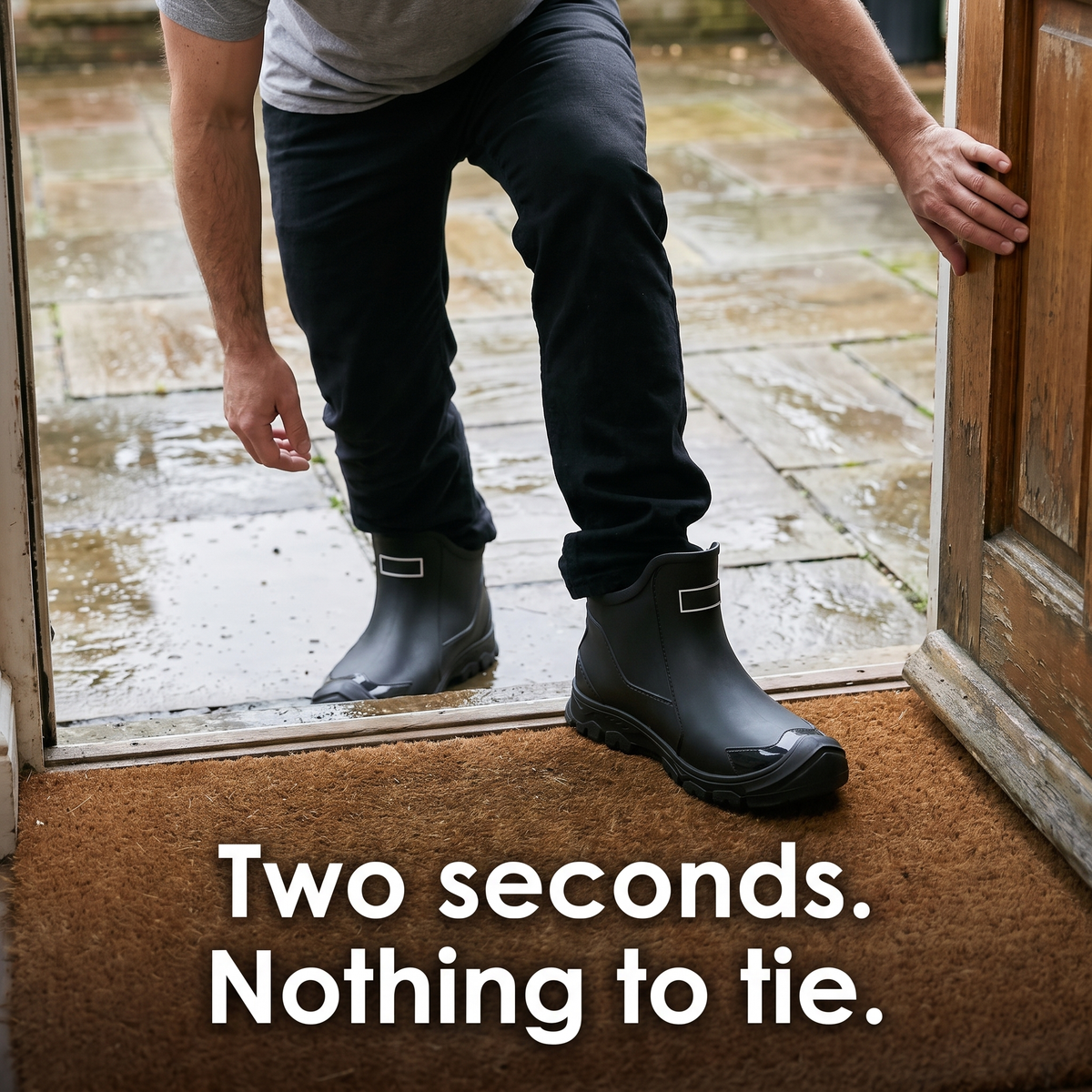 Stepping into the ankle wellies at a back door with nothing to fasten