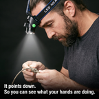 Head torch tilted down, beam lighting the wearer's hands tying a knot
