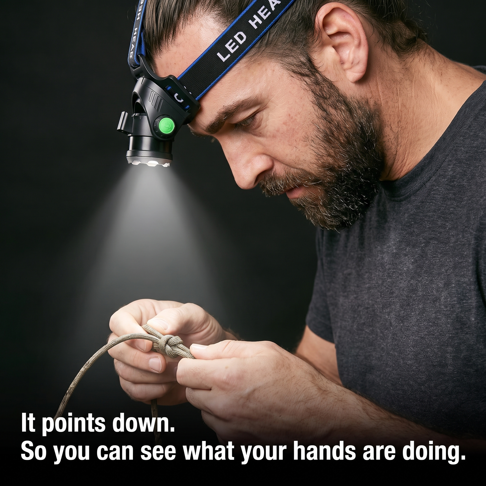 Head torch tilted down, beam lighting the wearer's hands tying a knot