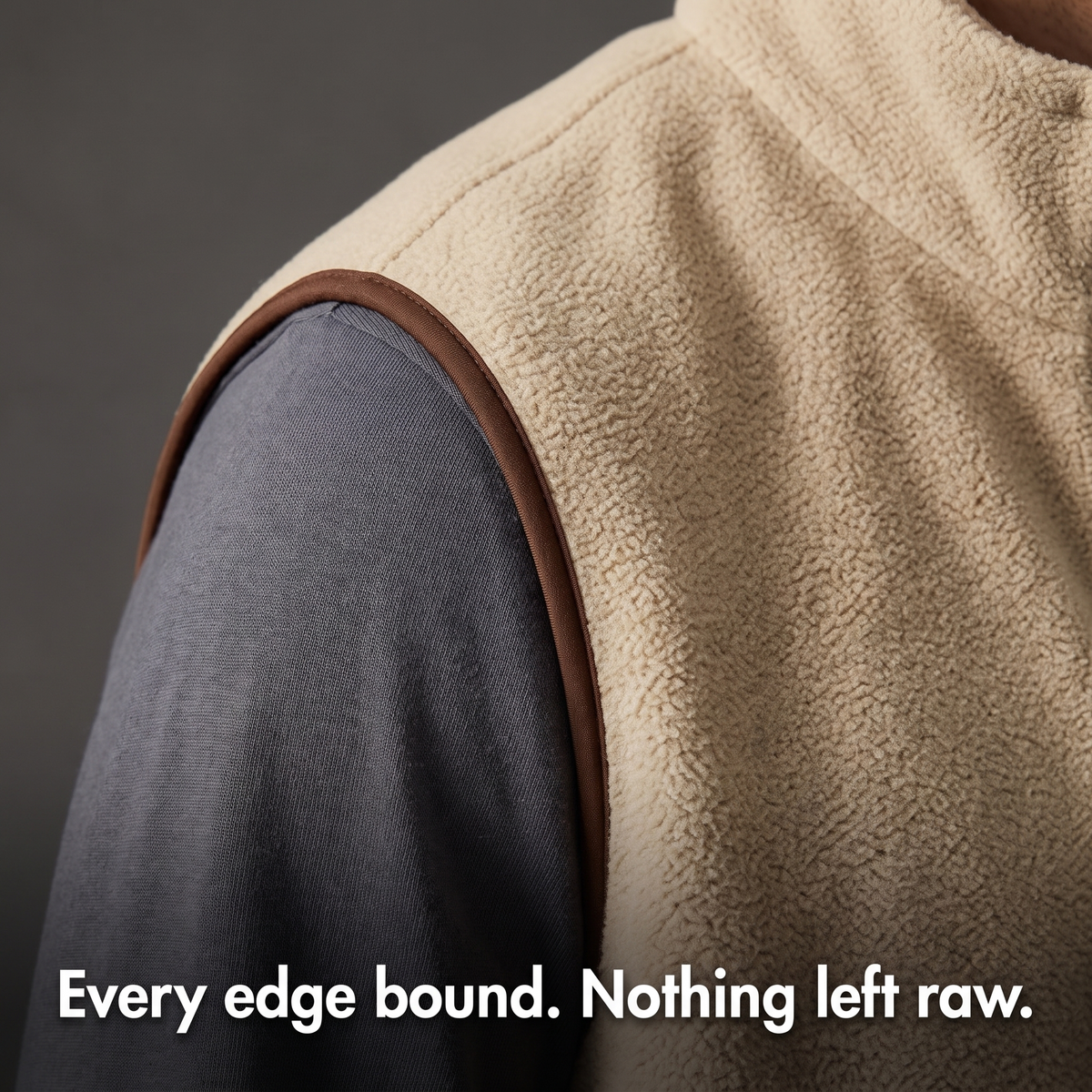 Close-up of the contrast binding on the fleece vest armhole