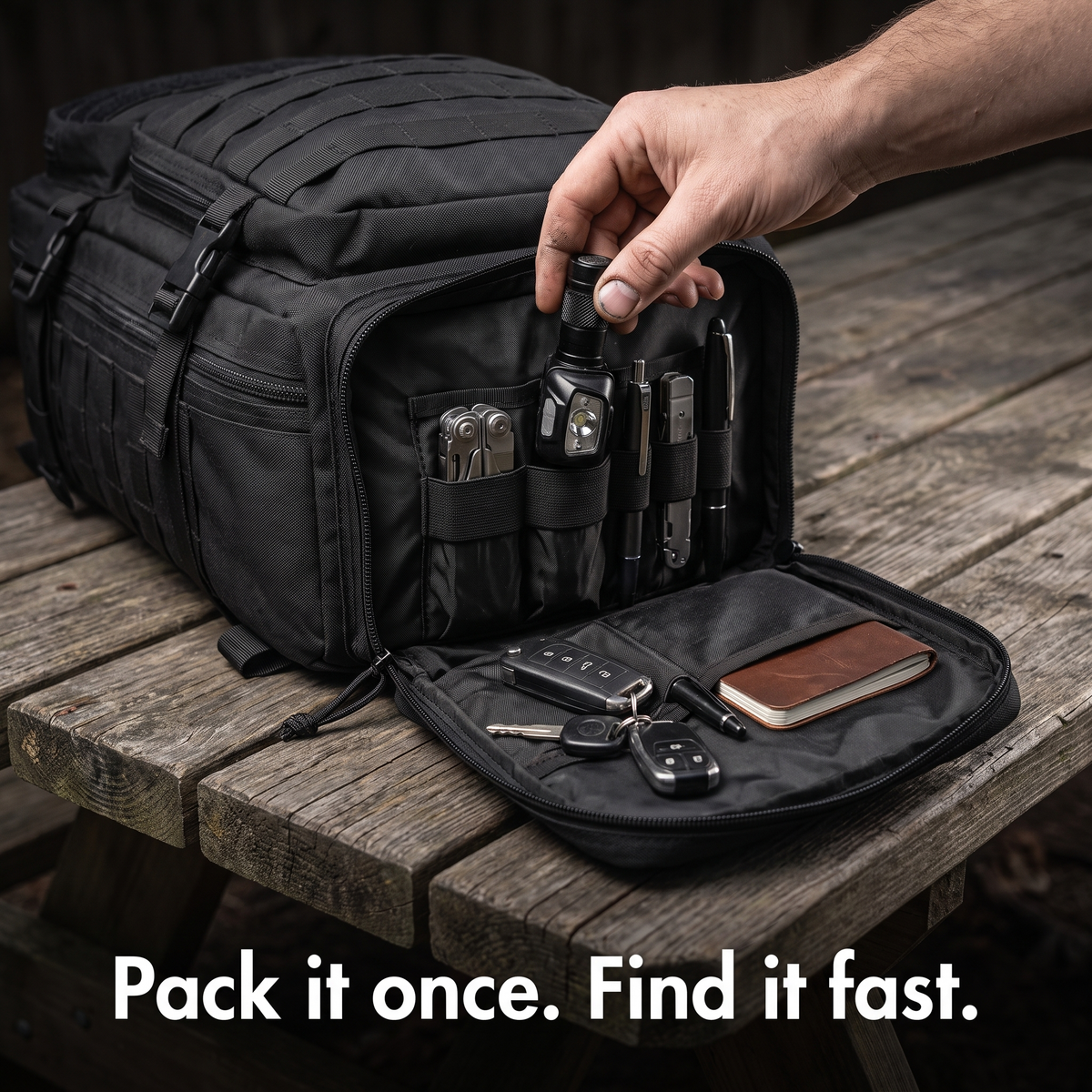 Front organiser compartment open with torch, multitool, pen and keys in their loops
