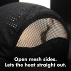 Close-up of the open mesh side panel and perforated top of the running cap