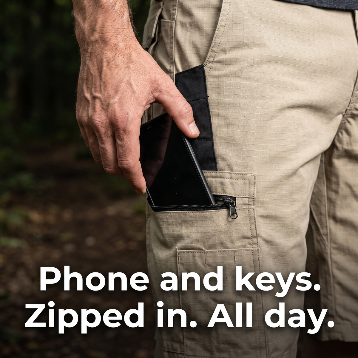 Phone going into the zipped thigh pocket of the cargo shorts