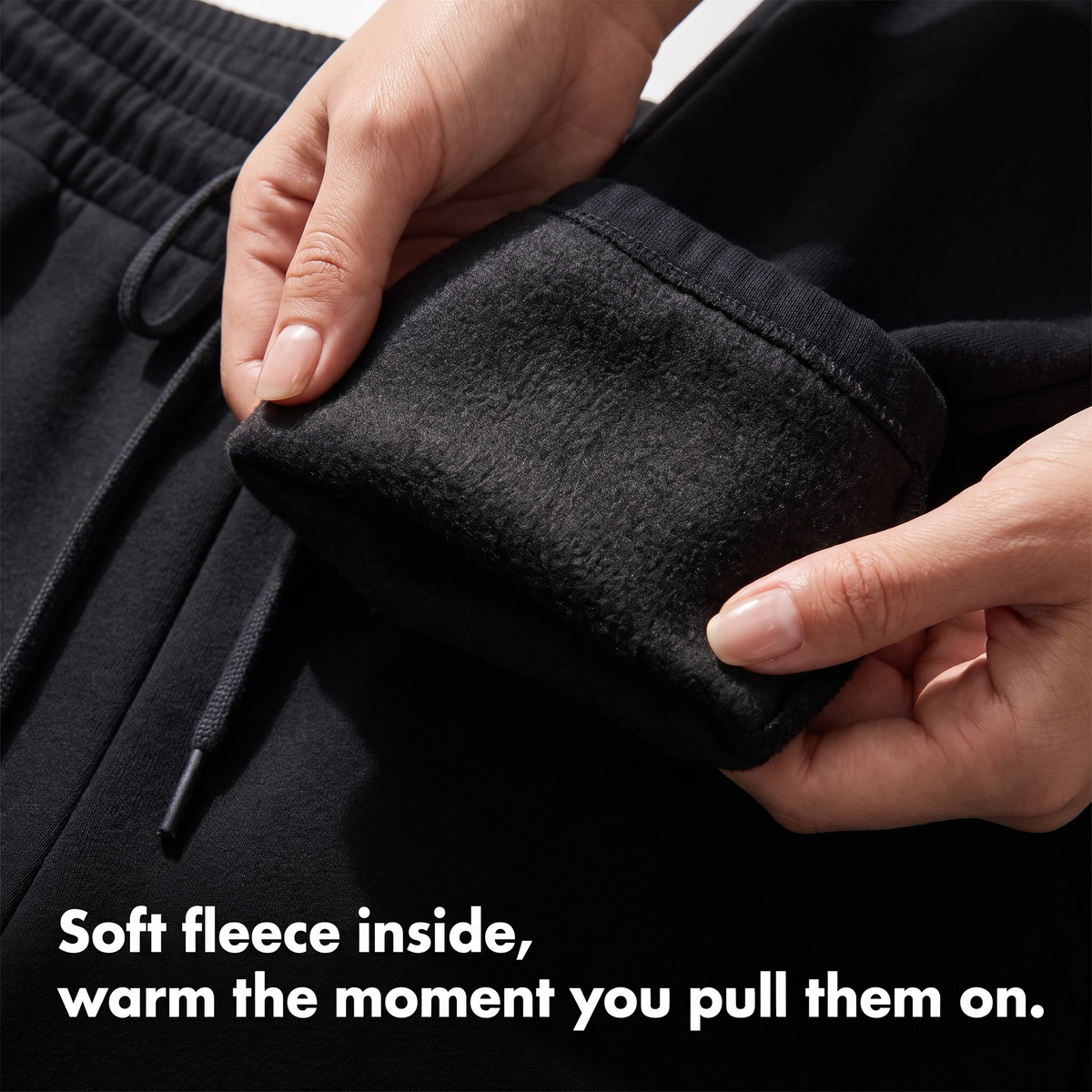 Close-up of the soft fleece lining inside the joggers below the drawcord waistband