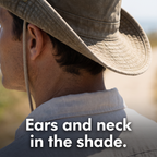 Brim of the wide brim sun hat shading the ear and the back of the neck