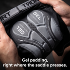 Close-up of the gel chamois pad inside the cycling liner shorts, two GEL pads where the saddle presses