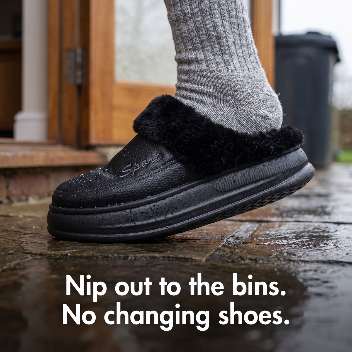 Slipper clog stepping onto a wet patio by the back door