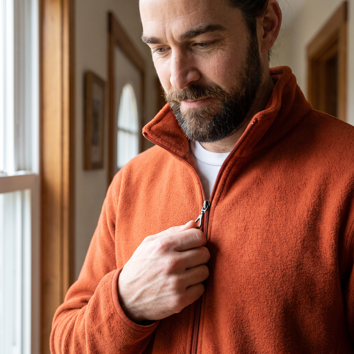 Terrabound Men's Fleece Jacket - zip pull in use