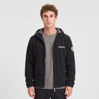 Men's black windproof fleece jacket worn, front view