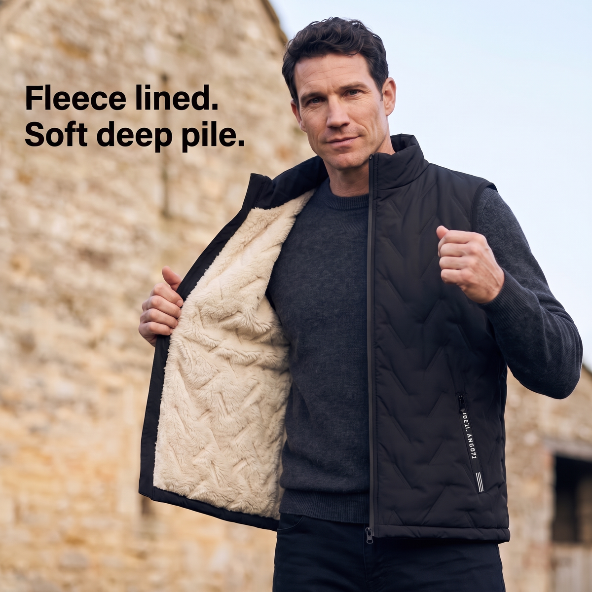 Man holding his gilet open to show the soft deep fleece pile lining