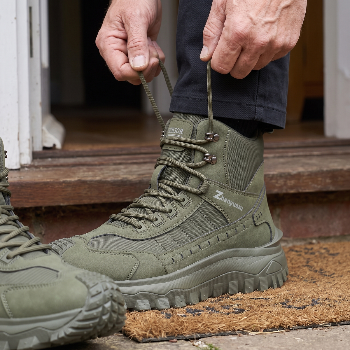 Lacing the Men's Walking Boots through the metal speed hooks at a back door