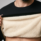 Close-up of thick cream sherpa fleece lining inside black jumper collar