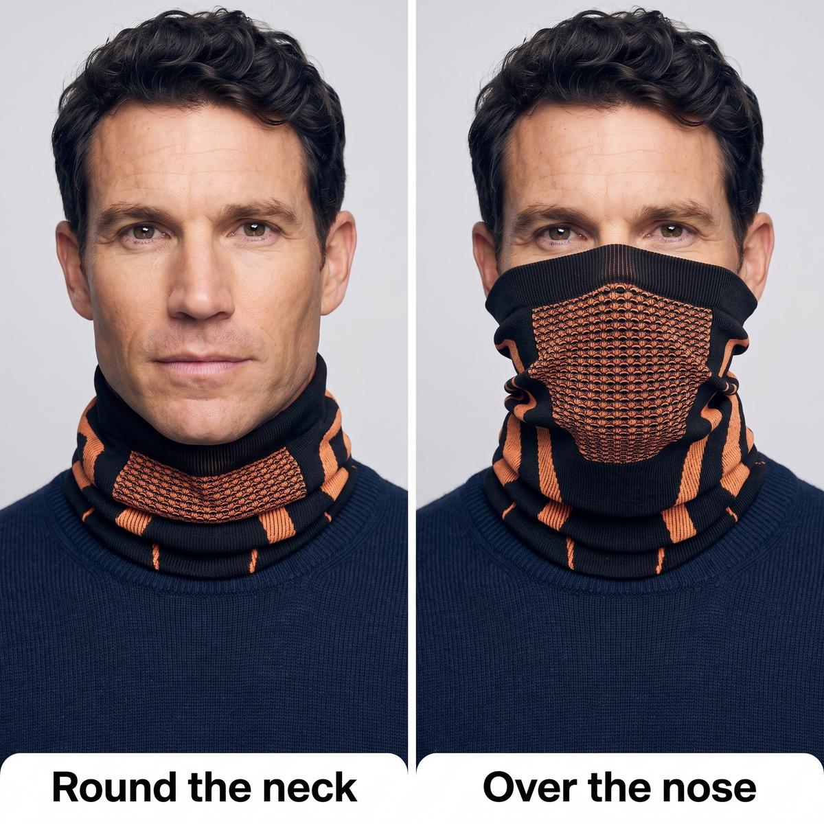 Knitted Snood worn round the neck and pulled over the nose, side by side