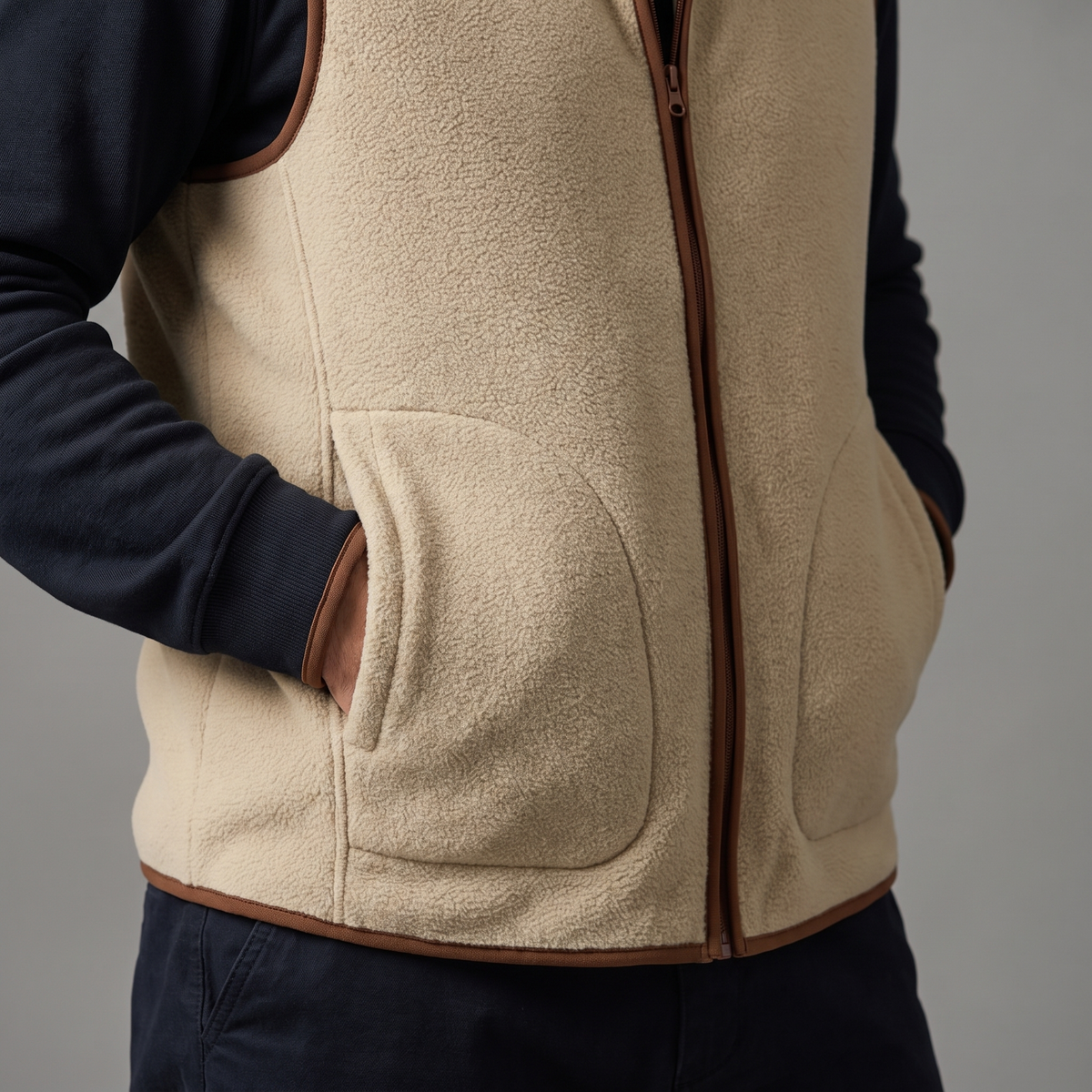 Hands in the slanted hand pockets of the khaki fleece vest