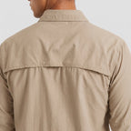 Close-up of the vented yoke across the back of the men's fishing shirt in Khaki
