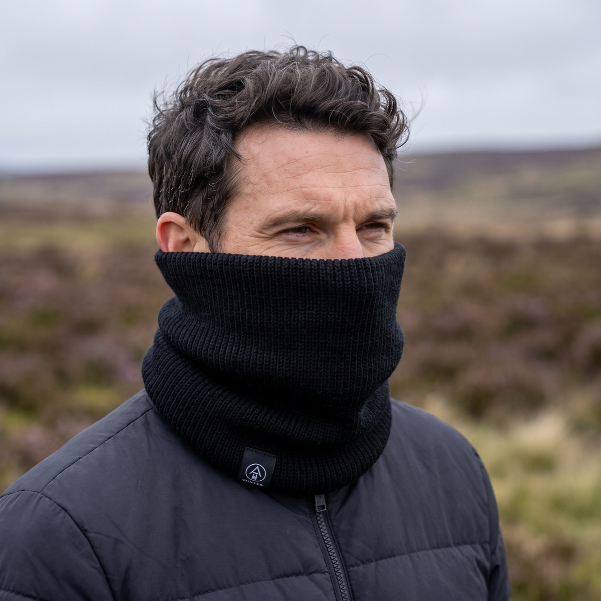 Snood pulled up over the nose in the wind