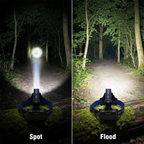Zoom beam compared: tight spot beam beside wide flood beam on a woodland path