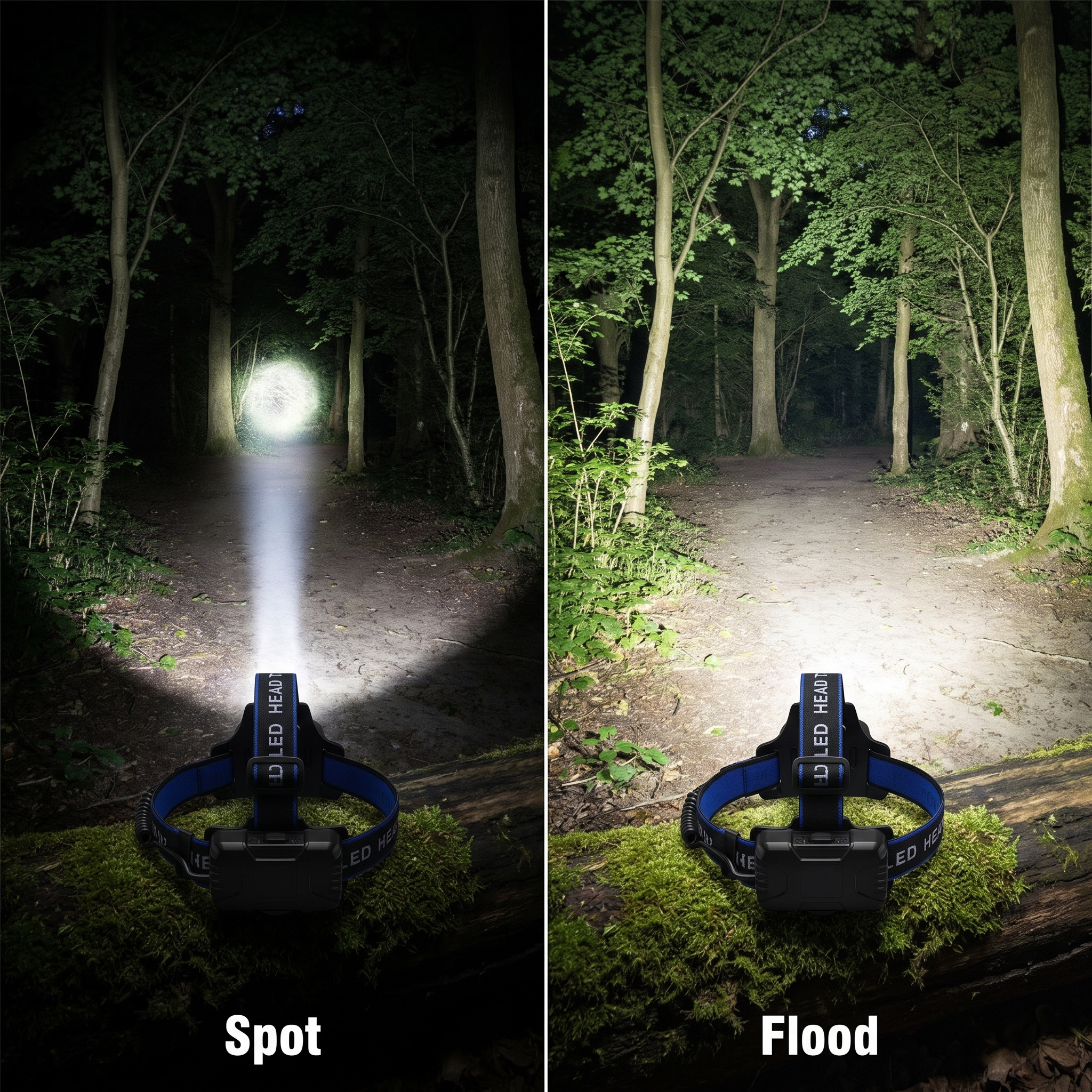 Zoom beam compared: tight spot beam beside wide flood beam on a woodland path