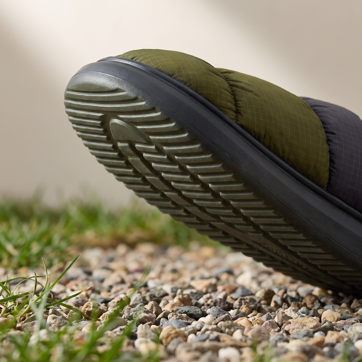 Close-up of the ribbed EVA outsole on Terrabound Camp Slippers